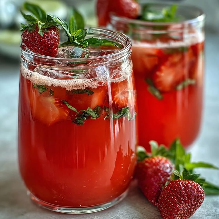 Cool, homemade strawberry basil lemonade with fresh lemon slices, ice cubes, and aromatic basil leaves.