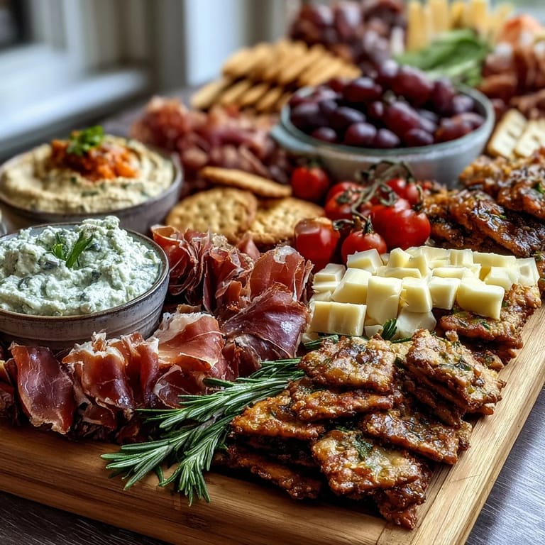 Housewarming Party Charcuterie Board with Dips and Crackers: An elegant appetizer platter with prosciutto, brie, hummus, and fresh produce, ideal for entertaining at any celebration.