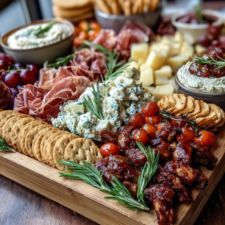 Housewarming Party Charcuterie Board with Dips and Crackers: A beautifully arranged charcuterie board featuring smoked meats, assorted cheeses, crunchy crackers, and colorful fruits for a festive gathering.