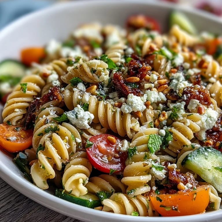 A refreshing pasta salad featuring crisp cucumbers, juicy cherry tomatoes, and a tangy lemon vinaigrette, ideal for warm-weather meals and picnics.