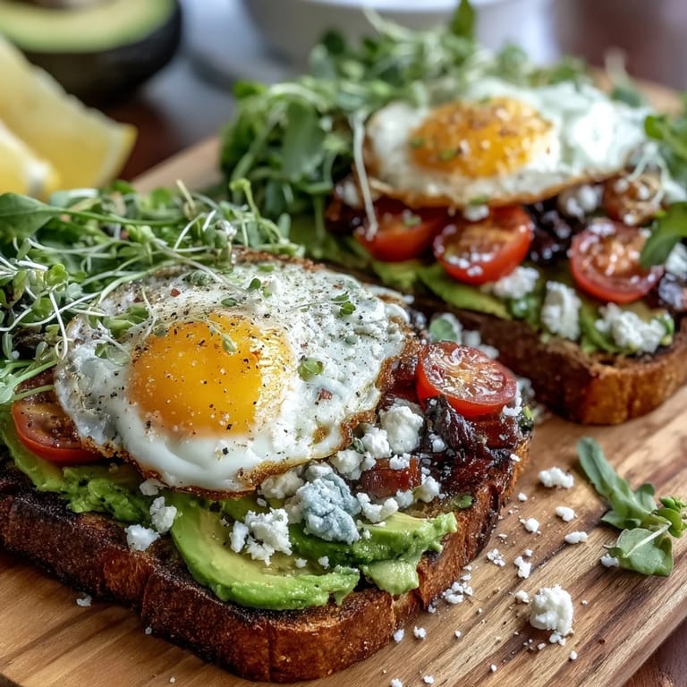 A vibrant Spring Brunch Avocado Toast Board with Toppings, featuring sliced eggs, crumbled feta, and pickled onions arranged for easy customization.