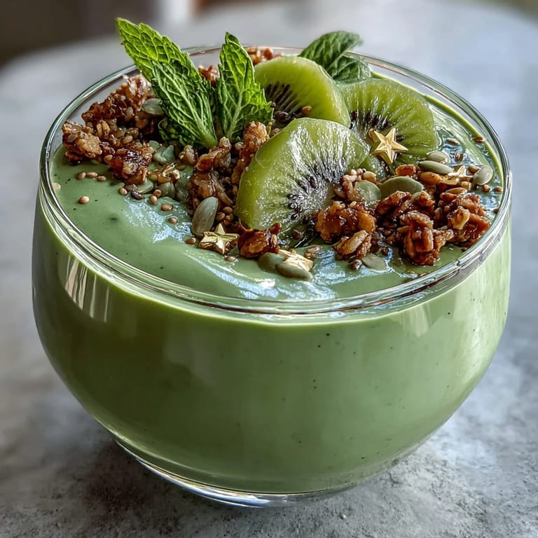 Festive green smoothie bowl with banana, spinach, and vanilla protein, artfully topped with kiwi shamrock design and crunchy granola.