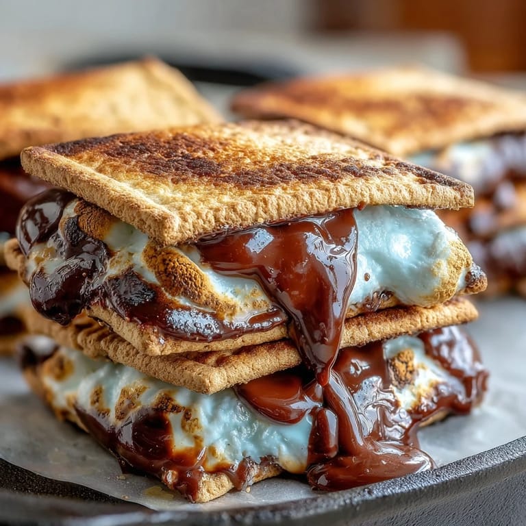 Melted chocolate and toasted marshmallows in a cast iron skillet, ready for dipping with graham crackers and fresh berries.