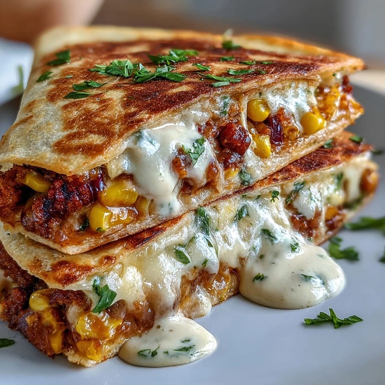 Crispy flour tortillas stuffed with charred corn, jalapeño, and Cotija cheese, served with a zesty chipotle crema drizzle.