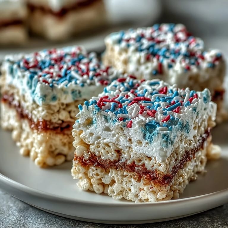 Chewy, colorful Rice Krispies treats in bold red, white, and blue, a sweet and easy Independence Day treat for all ages.