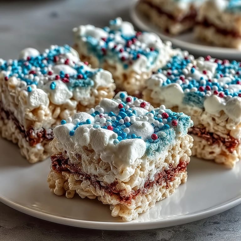 Vibrant red, white, and blue Rice Krispies treats with sprinkles, ideal for celebrating America's birthday with a fun, no-bake dessert.