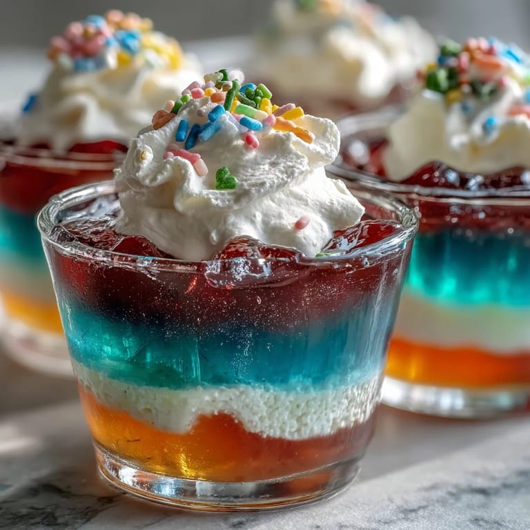 Rainbow Jello Cups for Kids: Vibrant, multi-colored Jello layers in clear cups, chilled and topped with fluffy whipped cream, a fun and easy dessert.