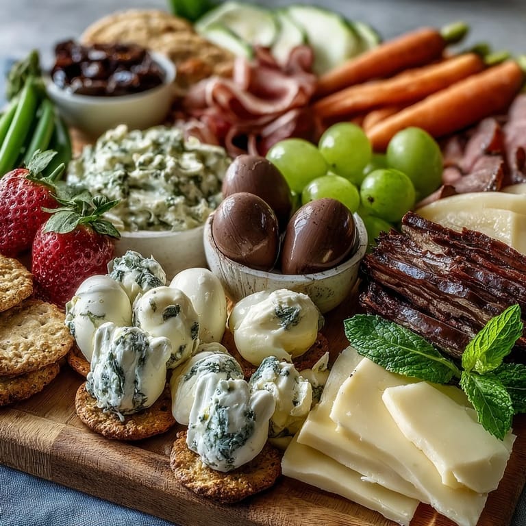 Celebrate Spring with a vibrant Easter charcuterie board featuring fresh vegetables, cured meats, and bunny-shaped cookies in charming mini baskets.