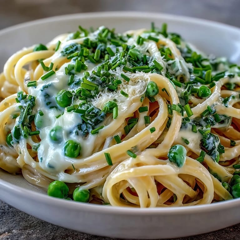 Bright spring pasta with tender peas, baby spinach, and zesty lemon cream sauce, topped with Parmesan.