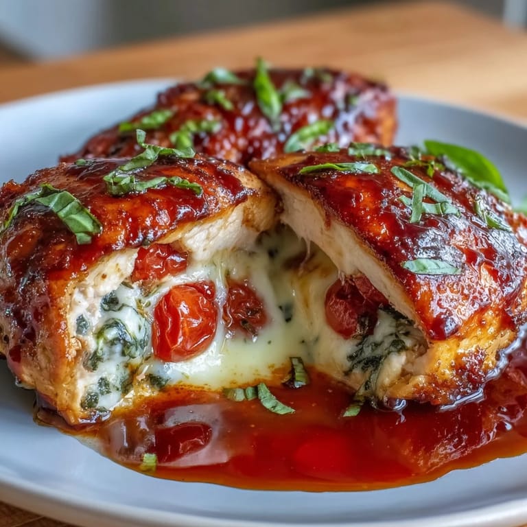 Baked Caprese Stuffed Chicken Breast featuring fresh basil, ripe tomatoes, and creamy mozzarella, drizzled with balsamic glaze for a gourmet touch.
