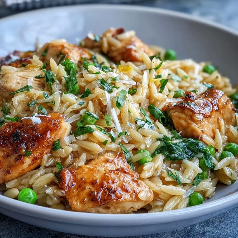 Zesty lemon orzo pasta simmers with chicken and green peas in a single pot, finished with butter and Parmesan for creamy texture.