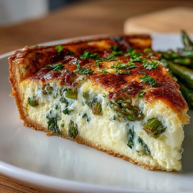 A slice of asparagus and Brie quiche on a white plate, garnished with fresh herbs and ready to serve.