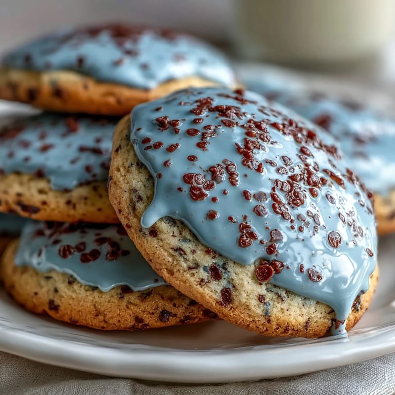 Delightful buttery sugar cookies tinted pale blue and dotted with cocoa speckles, evoking the charm of robins eggs.