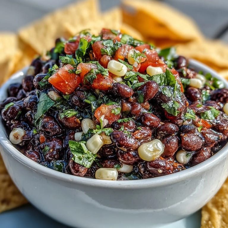 Colorful 3-Ingredient Cowboy Caviar Dip featuring black beans, sweet corn, and fresh pico de gallo for a bold Tex-Mex appetizer.