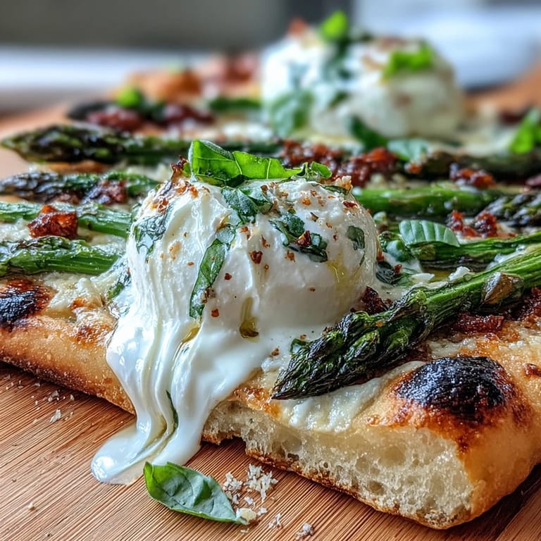 Golden flatbread layered with creamy burrata, roasted asparagus, and a bright lemon zest finish.  
