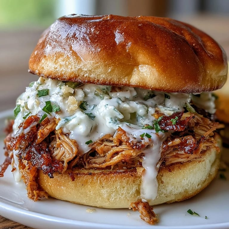 Savory smoked pulled chicken with rich white BBQ sauce, nestled in soft buns and garnished with crisp coleslaw for a perfect bite.
