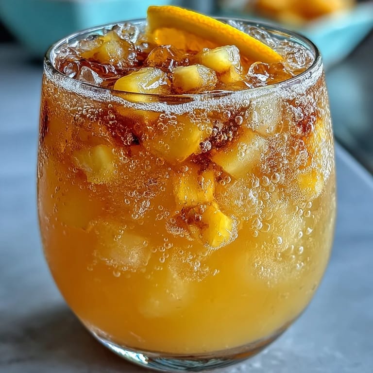 Tropical mango and pineapple punch with sparkling lemonade, served over ice with fresh fruit slices for a festive grad party beverage.