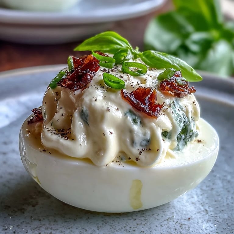 Italian-inspired Caprese deviled eggs drizzled with basil oil, featuring fresh tomatoes and mozzarella for a colorful appetizer.