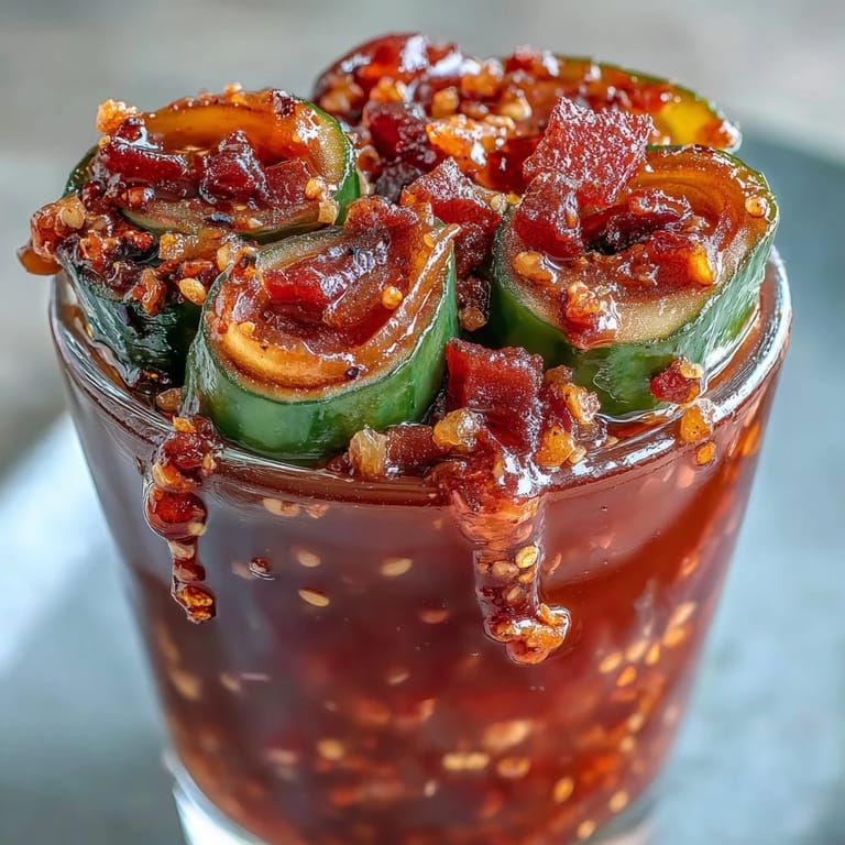 A playful, viral-inspired snack with crunchy pickles, fruity candy, and hot chamoy sauce, served in a cup for easy eating.