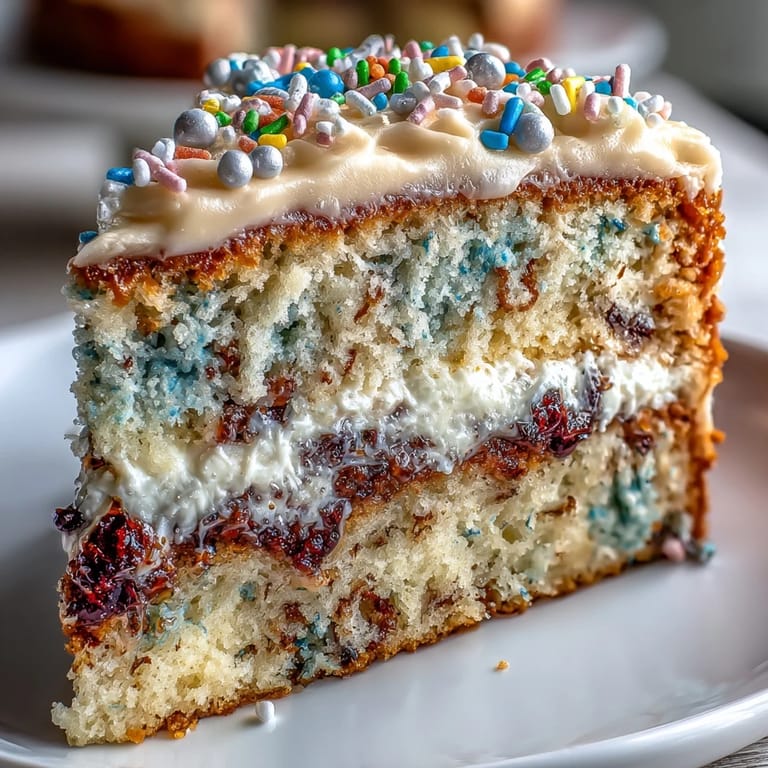 Luxurious champagne buttercream covers this colorful confetti cake, topped with rainbow sprinkles and edible glitter for a celebratory treat.