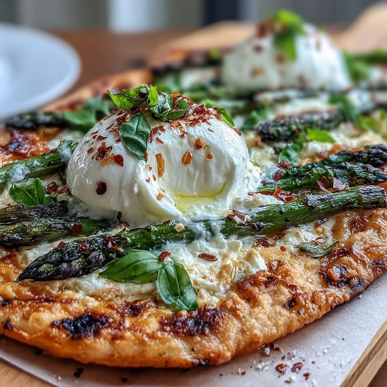 Spring-inspired flatbread featuring tender roasted asparagus, melted burrata, and a citrusy lemon drizzle.