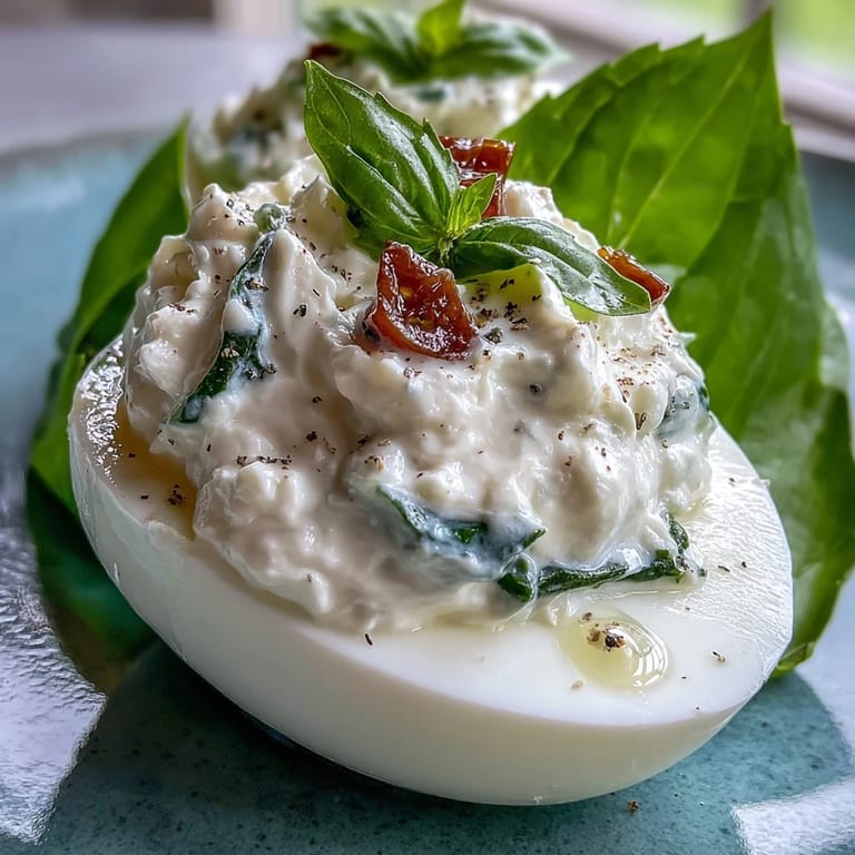 Vibrant Caprese deviled eggs filled with basil-infused yolk, topped with diced tomatoes and creamy mozzarella.  