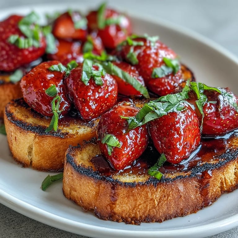 Appetizing strawberry balsamic bruschetta with crisp, herb-infused grilled bread.