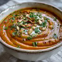 A steaming bowl of creamy pumpkin soup, garnished with toasted pumpkin seeds and a swirl of fresh cream.