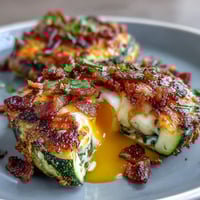Keto Bacon and Egg Zucchini Nests baked to golden perfection with crispy edges and runny yolks, ideal for a low-carb breakfast.