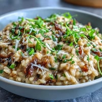 Creamy truffle risotto topped with fresh pea shoots and shaved black truffle, served in a rustic bowl.