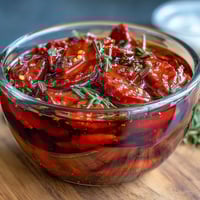 Spicy Calabrian chili oil infused with garlic and herbs, drizzled over golden roasted vegetables and fresh bread.  