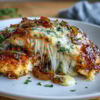 Baked French onion chicken topped with melted Gruyere cheese and caramelized onions in a skillet.  