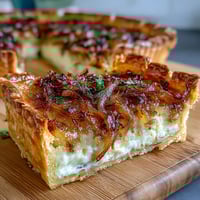 Savory caramelized onion and Gruyere tart with golden, flaky pastry and melted cheese, perfect for a sophisticated brunch or light lunch.