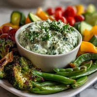 Vibrant Little Sprout Veggie Platter with fresh baby carrots, snap peas, and cucumber slices arranged around creamy Green Goddess dip.  