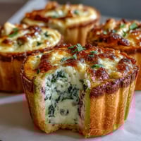 Golden mini quiches with spinach, mushroom, and ham fillings arranged on a rustic wooden tray for spring brunch.  