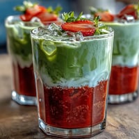 Vibrant iced strawberry matcha latte with vanilla sweet cream, layered with fresh strawberry puree and frothy green tea.