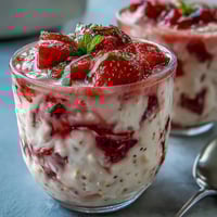 Vibrant overnight oats with fresh strawberries, lemon zest, and poppy seeds for a refreshing breakfast.  