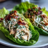 Healthy easy chicken salad lettuce wraps filled with creamy Greek yogurt dressing and crunchy vegetables in crisp lettuce leaves.