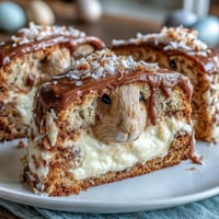 Easter Bunny Cake with Hidden Sprinkle Center: a festive dessert with a whimsical bunny shape and colorful surprise inside, perfect for spring celebrations.  