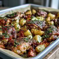 Golden chicken drumsticks and roasted vegetables sizzling on a sheet pan, seasoned with rosemary and paprika for a hearty family dinner.
