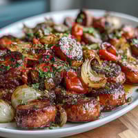 Sheet Pan Sausage and Peppers: juicy sausages roasted with colorful bell peppers and onions for an easy, flavorful dinner.  
