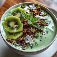 Vibrant green smoothie bowl with spinach, avocado, and protein powder, topped with kiwi shamrock and granola for St. Patrick's Day.