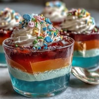 Rainbow Jello Cups for Kids: Colorful, layered fruity gelatin cups topped with whipped cream and sprinkles, perfect for festive parties and kid-friendly celebrations.