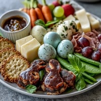 Festive Spring Charcuterie: Mini Easter Basket Treat Board with colorful cheeses, fruits, and pastel sweets arranged in adorable mini baskets.