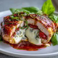 Caprese Stuffed Chicken Breast with melted mozzarella and juicy tomatoes, baked to golden perfection for a flavorful Italian-inspired dinner.