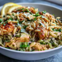 Creamy one-pot lemon orzo with tender chicken and sweet peas, garnished with Parmesan and parsley for a bright, comforting meal.