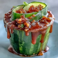 A vibrant cup layered with tangy dill pickle wrapped in sweet fruit roll-up, drizzled with zesty chamoy and sprinkled with Tajín seasoning.