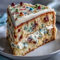 A vibrant confetti cake with rainbow sprinkles, frosted with smooth champagne buttercream for a festive graduation dessert.