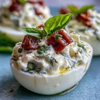 Creamy Caprese deviled eggs with basil oil and fresh tomatoes, garnished with mozzarella and basil leaves.  