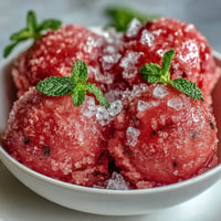 Vibrant Watermelon Sorbet (3 Ingredients) glistening with refreshing, frozen fruit goodness.